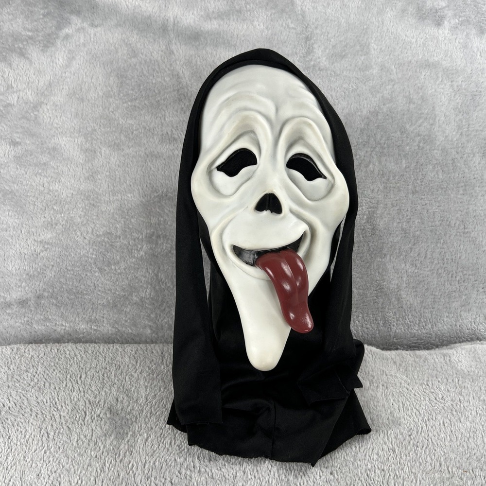 Spirit Halloween Wazzup Ghost Face Mask Tongue Out Scary Movie Parody Hooded